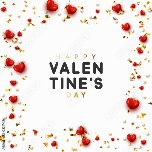Background with red hearts and round beads strewn with golden confetti.
