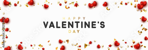 Background with red hearts and round beads strewn with golden confetti.