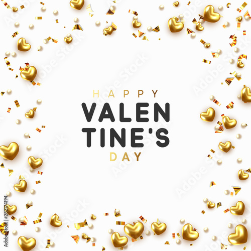 Background with gold hearts and round beads strewn with golden confetti.