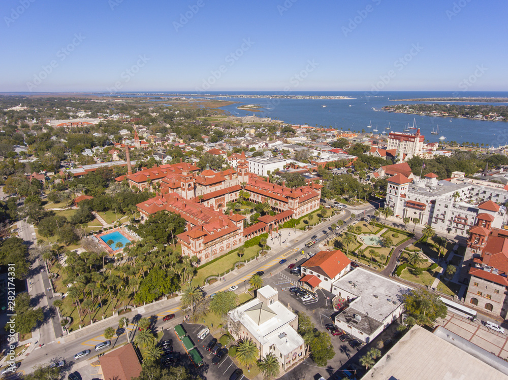 Aerial view of Ponce de Leon Hall of Flagler College in St. Augustine, Florida, USA. The Ponce de Leon Hall with Spanish Colonial Revival style is a US National Historic Landmark.