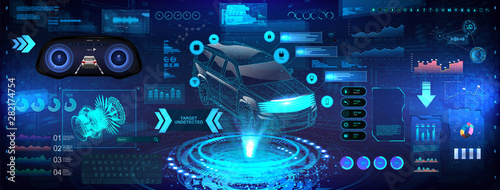 Hi-tech Car analysis and diagnostics in HUD style. 3D Crossover X-ray car hologram, automotive projection, hardware diagnostics condition of car. HUD graphic touch user interface elements set. Vector