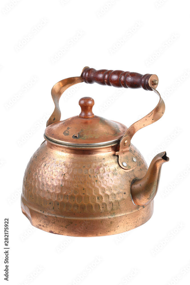 ancient copper moroccan tea pot on white background ancient copper moroccan tea pot on white background