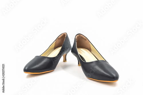 Black female high heeled leather shoes on white background.