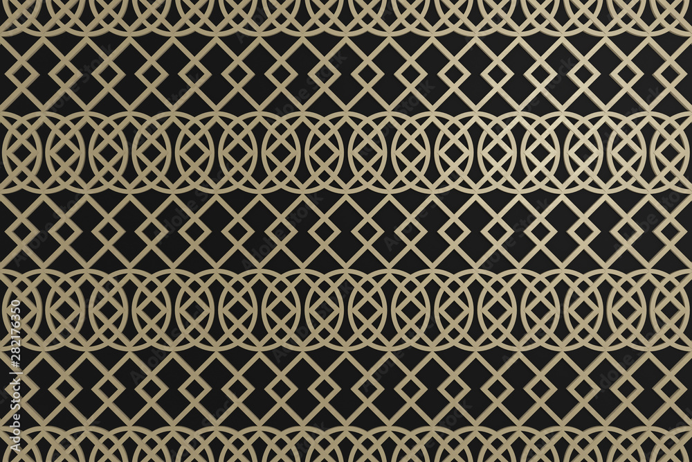 gold pattern asian style on black background, abstract 3d render