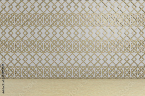 gold pattern style on white wall, empty room, 3d rendering background 