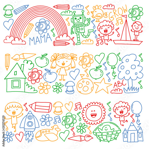 Time to adventure. Imagination creativity small children play nursery kindergarten preschool school kids drawing doodle icons pattern, play, study, learn with happy boys and girls Let's explore space.
