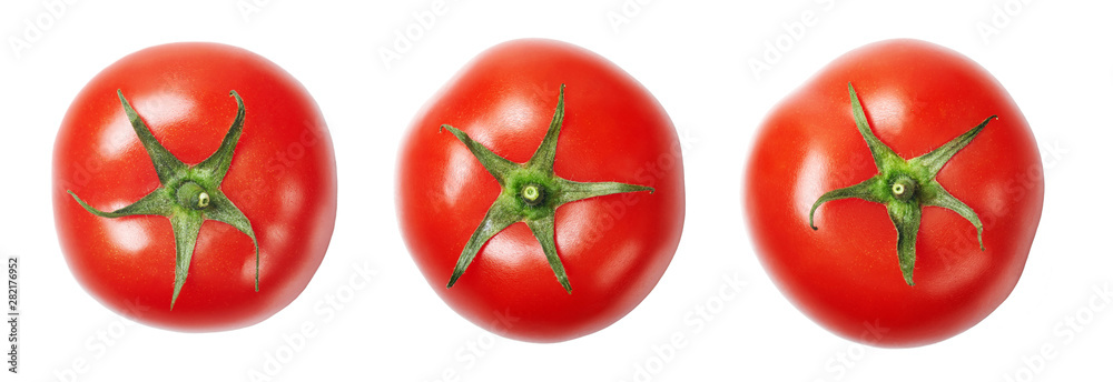 A set of red, ripe, fresh tomatoes isolated on white background. Top view. A set of red, ripe, fresh tomatoes isolated on white background. Top view.