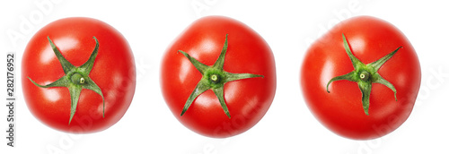 A set of red, ripe, fresh tomatoes isolated on white background. Top view.