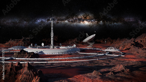 Foto human base on the surface of an alien planet, colony on exoplanet