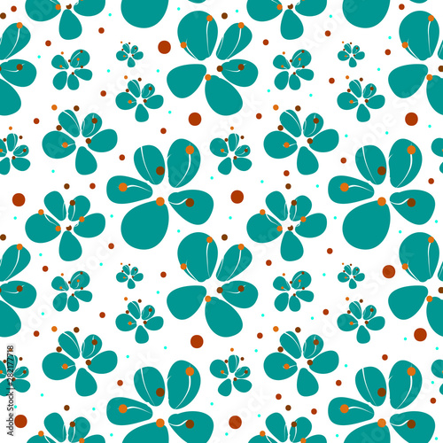 Many different size blue turquoise buttercup flowers, brown stalks on white background. Cute floral vector seamless pattern. Ornamental garden template for design, decor, wallpaper, textile, bedding.