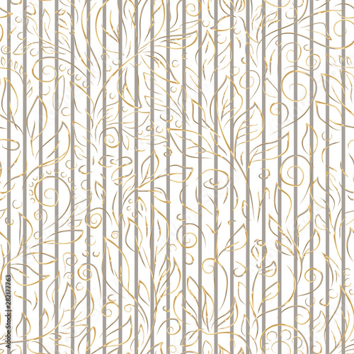 Softness Baroque style striped vector seamless pattern. Hand drawn golden colored contours of flowers, leaves and gray stripes. Luxury template for design, textile, ceramic tile, walpaper.