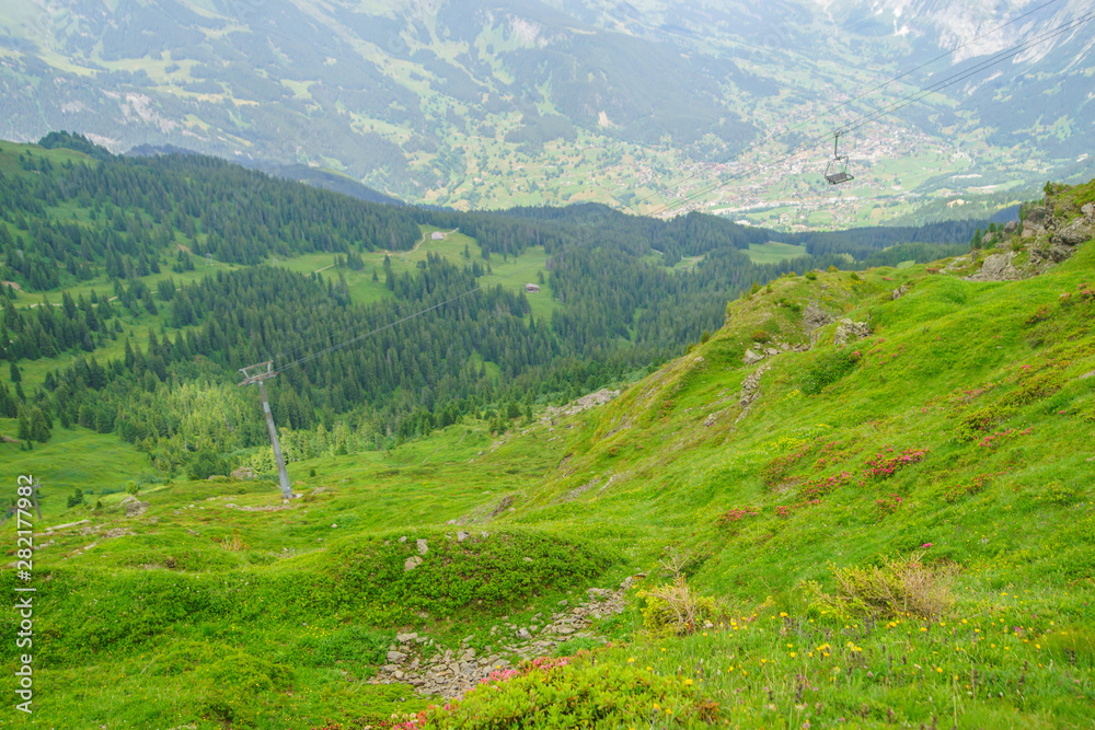 Alpine peaks landskape. Lauterbrunnen, Jungfrau, Bernese highland. Alps, tourism, journey, hiking