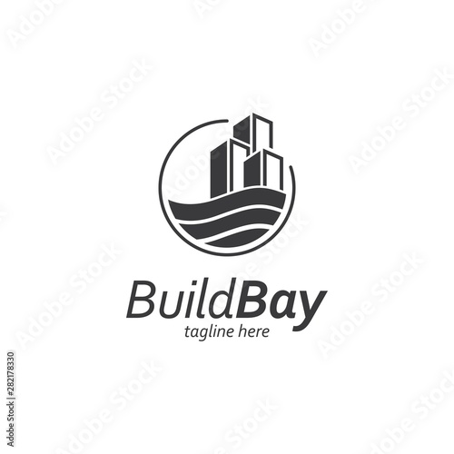 building with water symbol logo design vector template.	Coastal building logo inspiration