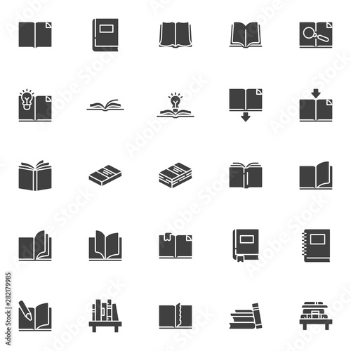 Books vector icons set, modern solid symbol collection filled style pictogram pack. Signs, logo illustration. Set includes icons as open book page with bookmark, textbook, notebook, library, bookshelf