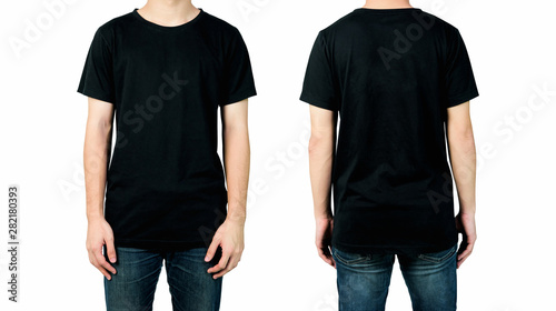 Young man in blank black t-shirt isolated on white background, Front and back views of mock up for design print.