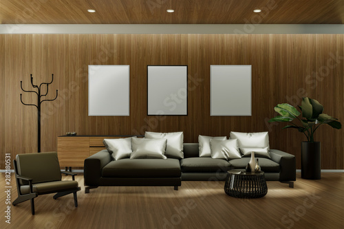interior design of minimal living room and wood wall texture, 3d rendering illustration
