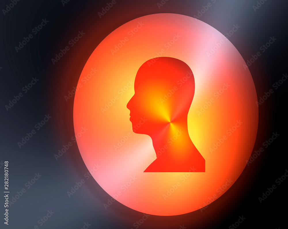 Silhouette of a man head in a circle frame. Orange spotlight
