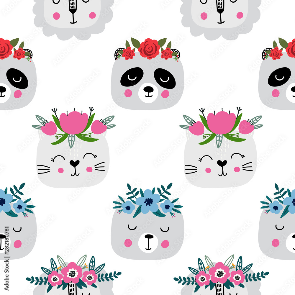 Fototapeta premium Seamless childish pattern with animals faces and floral wreath. Kids design for fabric, wrapping, textile, wallpaper, apparel. Scandinavian style.Vector illustration