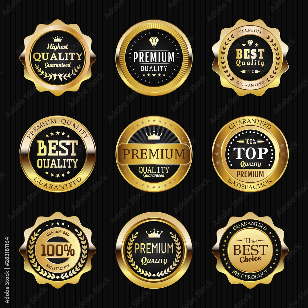 Collection of black top quality badges with gold border Collection of black top quality badges with gold border