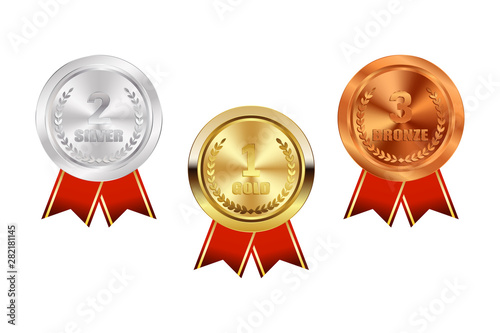 Champion Gold, Silver and Bronze Medal with Red Ribbon Icon Sign First