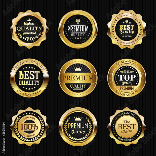 Collection of black top quality badges with gold border