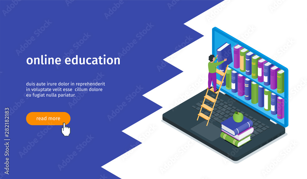 Online education banner. Laptop with a books. Boy is standing on the stairs next to the books. Isometric vector illustration