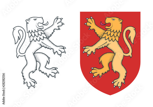 Vintage heraldic rampant lion. Black and white, and color versions. Retro vector illustration