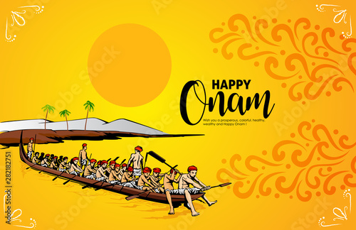 illustration of colorful Kathakali dancer and snakeboat race in Onam celebration on background for Happy Onam festival of South India Kerala photo