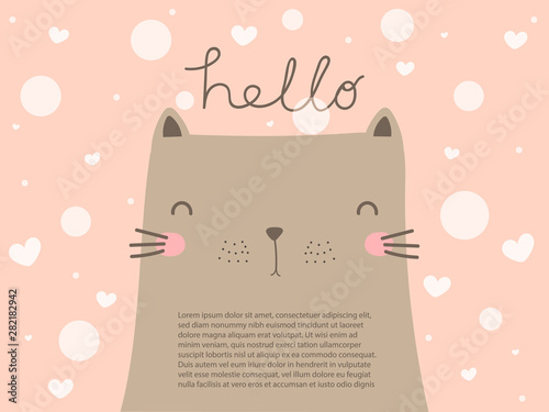 Cute big grey cat with smiling face look so funny on pastel pink background with text hello. Sweet and beautiful cat wallpaper in vector doodle art design with copy space decorate with heart and dot.