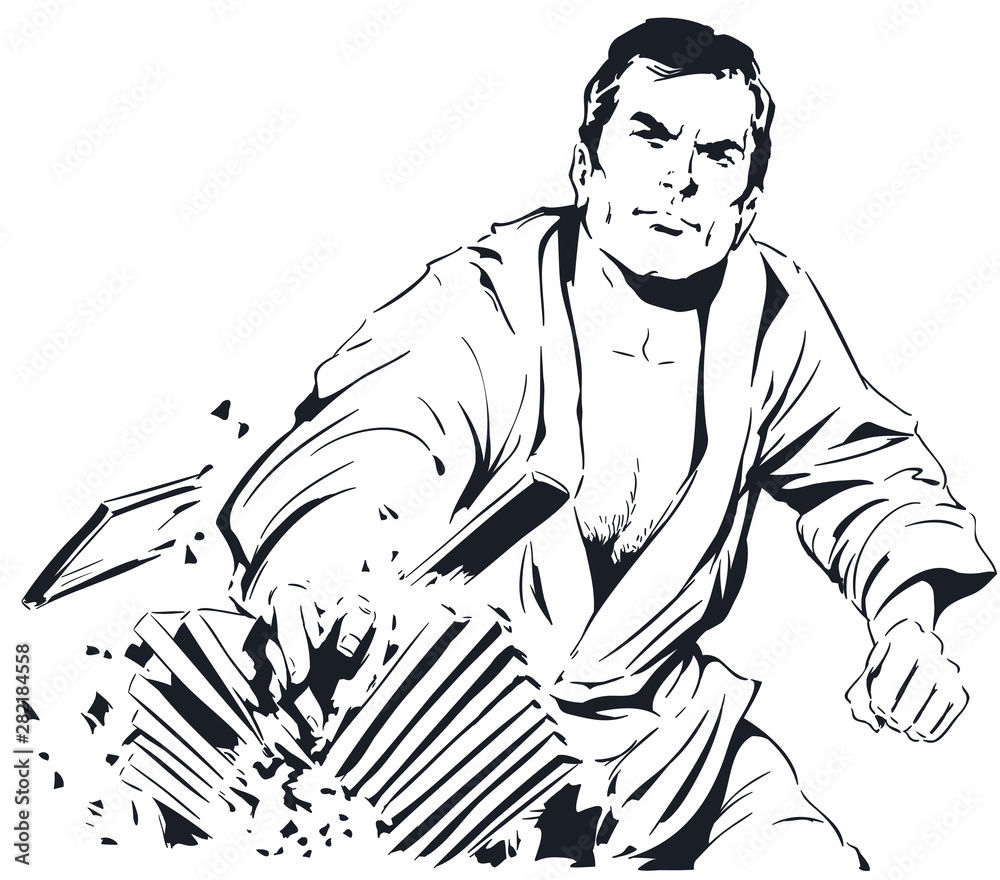 Martial artist breaks stack of boards. Martial artist breaks stack of boards.