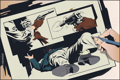Murder of man. Enhance criminal situation. Artist draws comics. Stock illustration.
