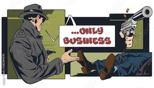 Murder of man. Enhance criminal situation. Stock illustration.