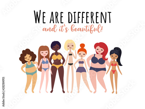 Women with different bodies, weight, height. Various body shapes vector illustration. Happy and beautiful body positive girls.