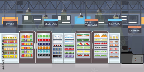 Supermarket interior with goods on shelves.