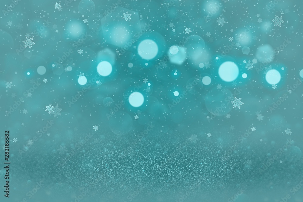 light blue nice shiny glitter lights defocused bokeh abstract background with falling snow flakes fly, celebratory mockup texture with blank space for your content