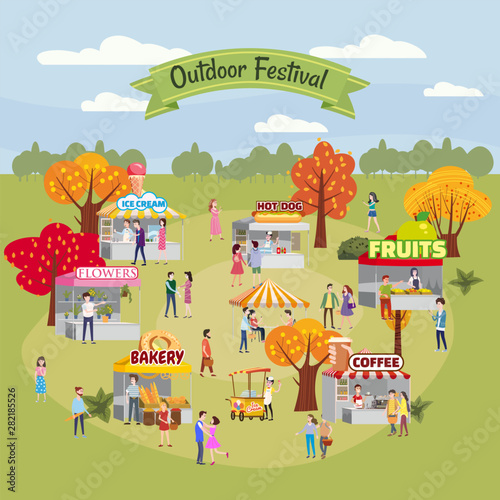 Seasonal Outdoor festival fair, market with food stalls, kiosks canopy, awnings, tents, ice cream, coffee, hot dog, flowers bakery