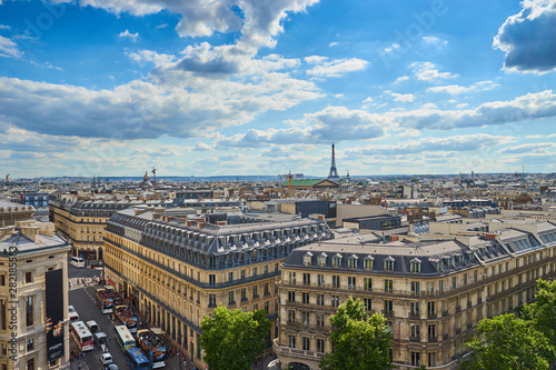 View over Paris with Opéra and Eiffel Tower / Taken from the Rooftop Balkony of the famous shopping centre Galeries Lafayette