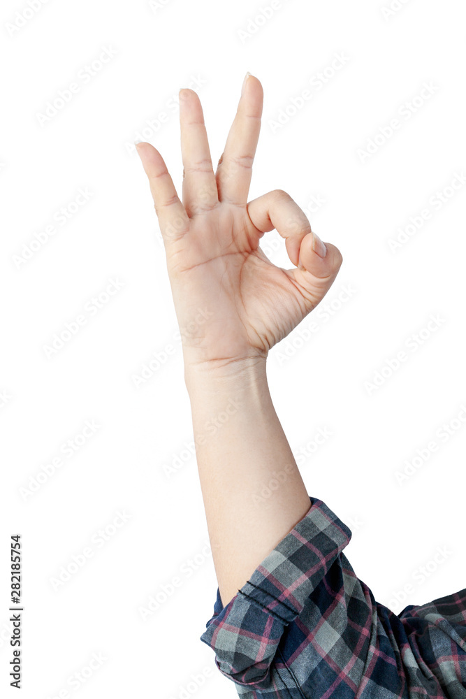 Woman hand showing symbols and gestures isolated on white background. File contains with clipping path so easy to work.