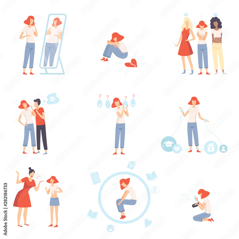 Teenager Puberty Problems Set, Anxiety, Depression, Problems with Parents, Stress at School, Bulling, Unrequited, One Sided Love Vector Illustration