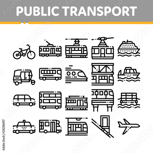 Collection Public Transport Vector Line Icons Set. Trolleybus And Bus  Tramway And Train  Cable Way And Monorail Transport Linear Pictograms. Car And Taxi  Plane And Ship Black Contour Illustrations