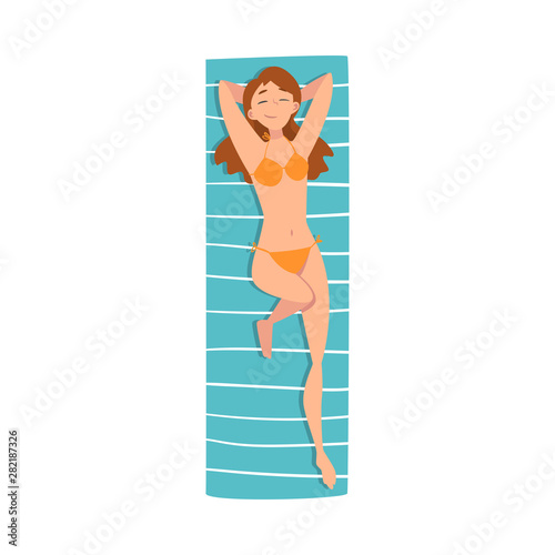 Young Woman Sunbathing on Beach Towel, Top View of Lying Girl in Orange Bikini Vector Illustration