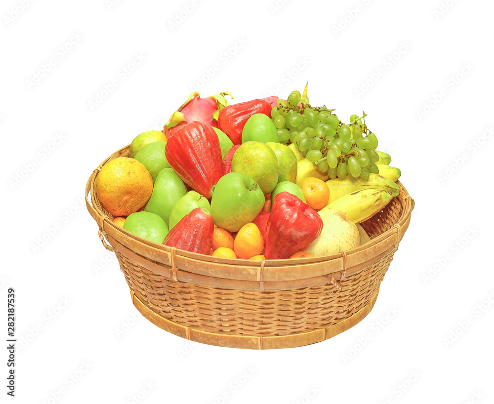  Woven basket full of different fruit.