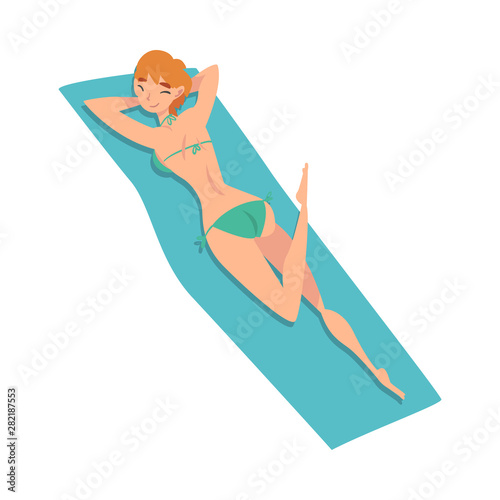 Young Woman Lying on Her Stomach Sunbathing on Beach, Girl Enjoying Summer Vacation Vector Illustration