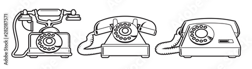 Old phones. Set of vintage phones from different periods. Black and white vector illustration