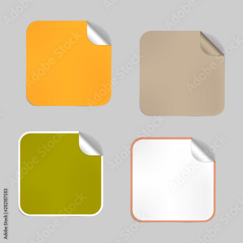 Set of square blank empty stickers with peeled off corner, mock-up. Aluminium foil lids, adhesive labels. Vector template