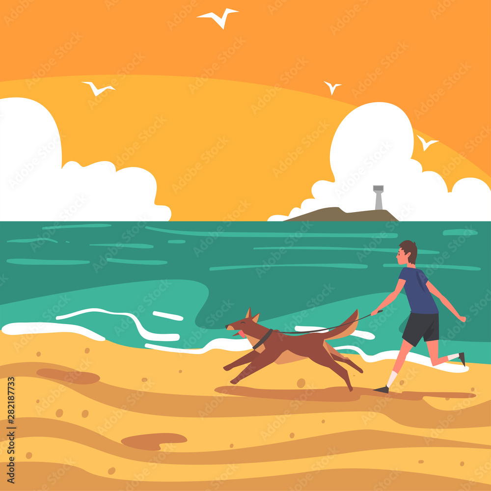 Guy Running with His Dog on Beach, Seaside at Summer Time on Sunrise, Tropical Resort Landscape with Ocean or Sea Vector Illustration Guy Running with His Dog on Beach, Seaside at Summer Time on Sunrise, Tropical Resort Landscape with Ocean or Sea Vector Illustration