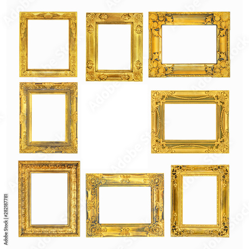 The antique gold frame on the white background