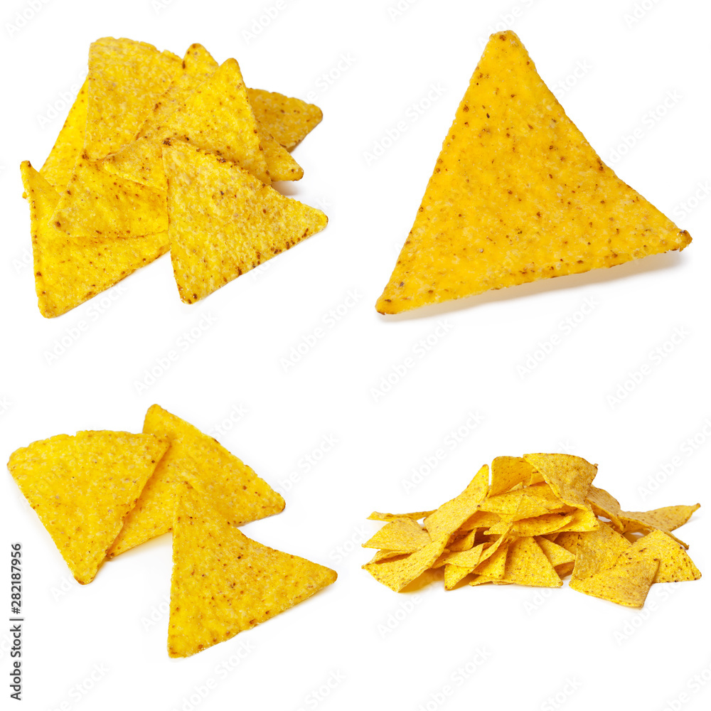 Mexican nachos set on white background collage Mexican nachos set on white background collage