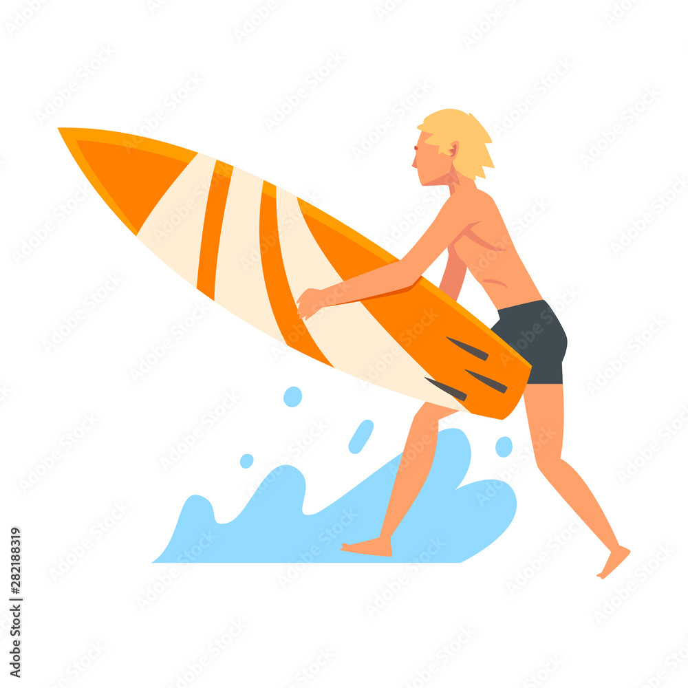 Guy Surfer Character with Surfboard, Recreational Beach Water Sport, Man Enjoying Summer Vacation Vector Illustration