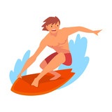 Guy Surfer Character in Shorts Riding on Ocean Wave with Surfboard, Recreational Beach Water Sport Vector Illustration